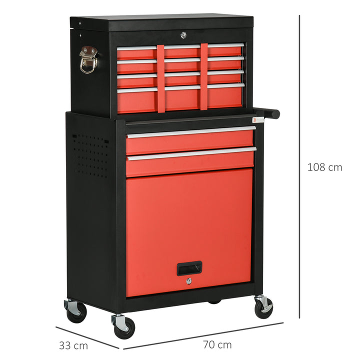 DURHAND Tool Cabinet Cart, Workshop Trolley on Wheels, 6 Drawer with Ball Bearing Slides, Lockable Roll Cab, Black and Red