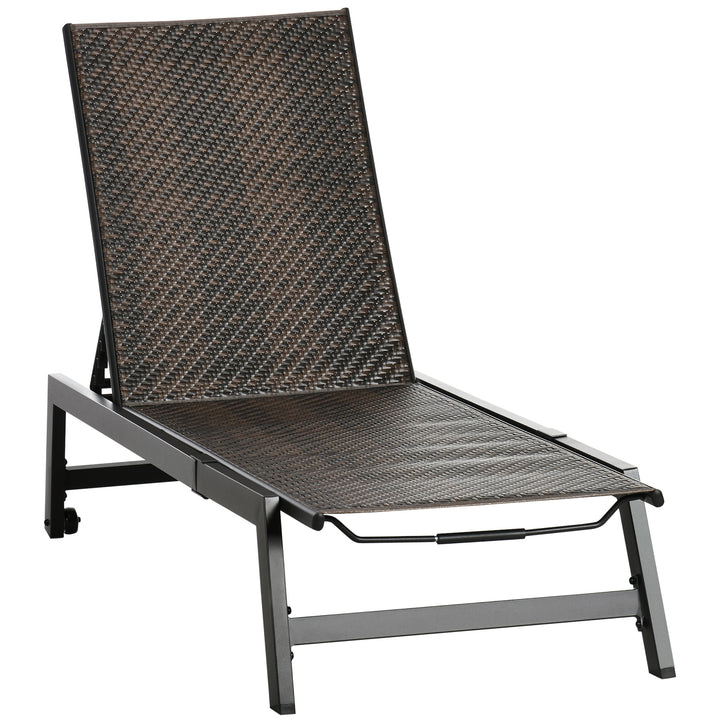Outsunny Outdoor PE Rattan Sun Loungers, Patio Wicker Chaise Lounge Chair with 5-Position Backrest, Wheels for Sun Room, Garden, Poolside, Brown