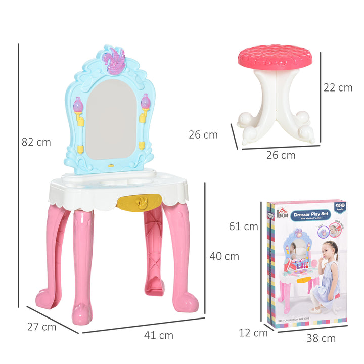 20 PCS Kids Dressing Table Set, Children Vanity Make Up Desk, Musical Pretend Toy, with Beauty Kit, Mirror, Stool, for 3-6 Years Old, Pink