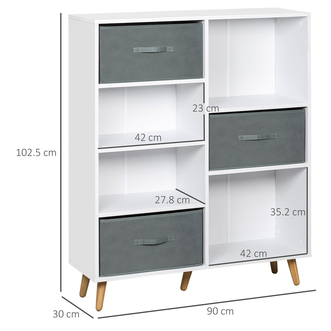 Freestanding 7 Cube Storage Cabinet, Shelving Unit with 3 Fabric Drawers, for Home Office, Living Room, Closet, Bedroom, White