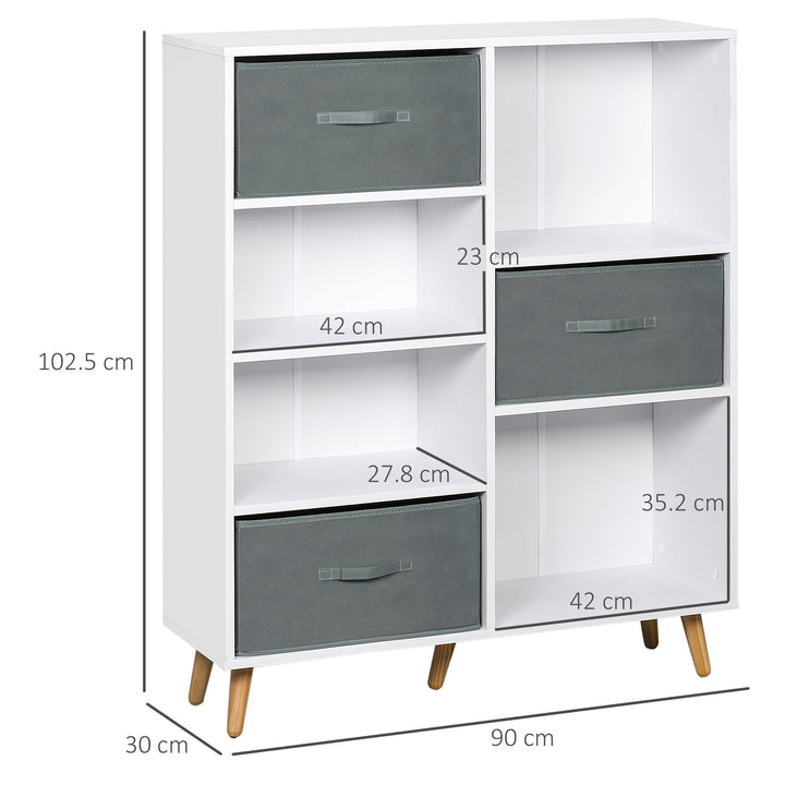 Freestanding 7 Cube Storage Cabinet, Shelving Unit with 3 Fabric Drawers, for Home Office, Living Room, Closet, Bedroom, White
