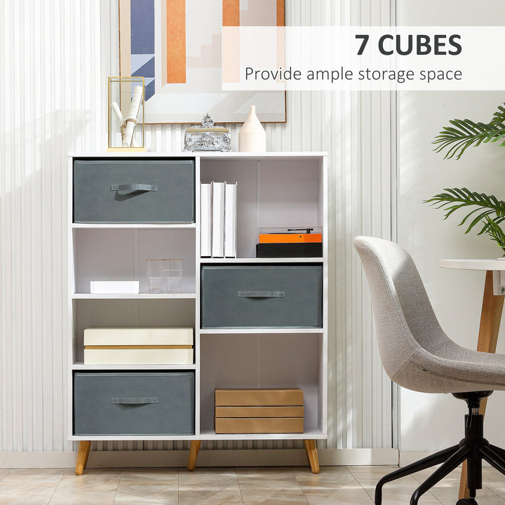 Freestanding 7 Cube Storage Cabinet, Shelving Unit with 3 Fabric Drawers, for Home Office, Living Room, Closet, Bedroom, White