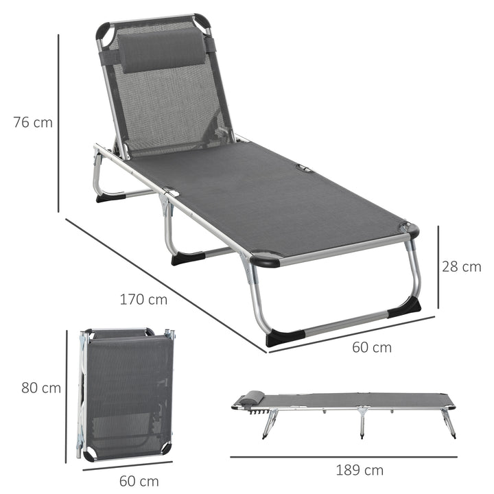 Outsunny 2 Pieces Foldable Sun Lounger with Pillow, 5-Level Adjustable Reclining Lounge Chair, Aluminium Frame Camping Bed Cot, Grey