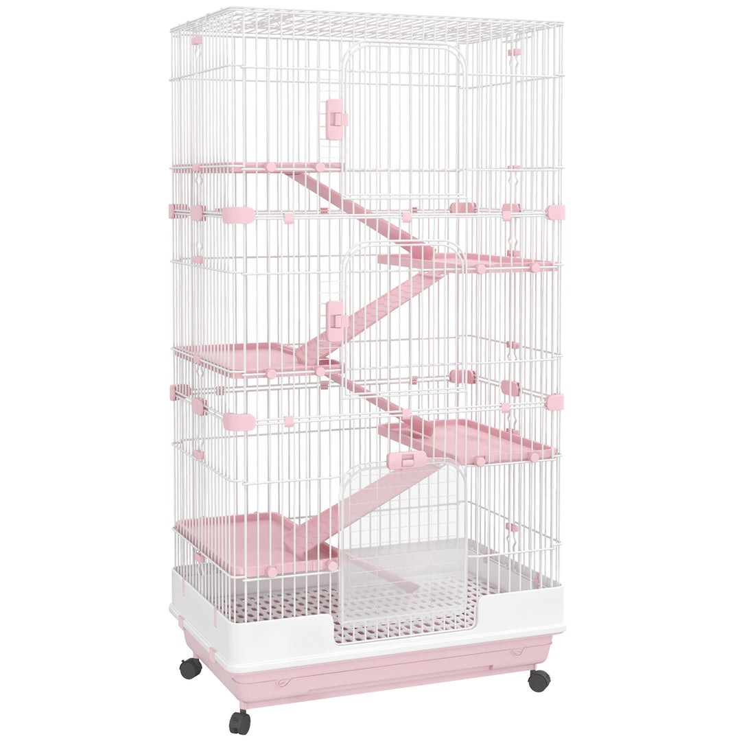 6 Levels Small Animal Cage Indoor Bunny House for Ferret Chinchilla with Wheels, Slide-out Tray, Pink