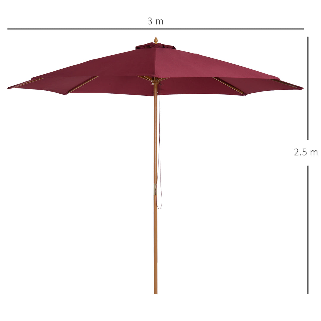 Outsunny ⌀3m Bamboo Wooden Market Patio Umbrella Garden Parasol Outdoor Sunshade Canopy, 8-ribs,Wine Red