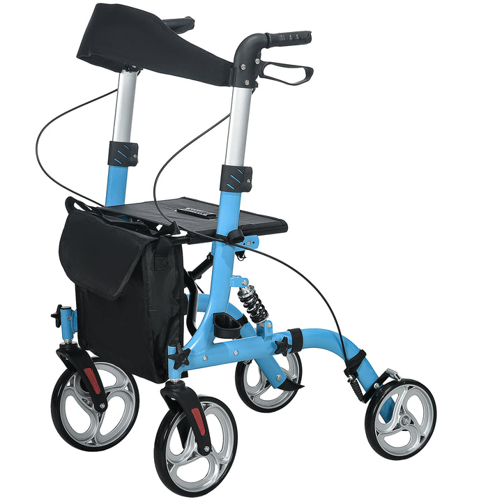 4 Wheel Rollator with Seat and Back, Lightweight Folding Mobility Walker with Large Wheels, Carry Bag, Adjustable Height, Aluminium Walking Frame with Dual Brakes for Seniors, Blue
