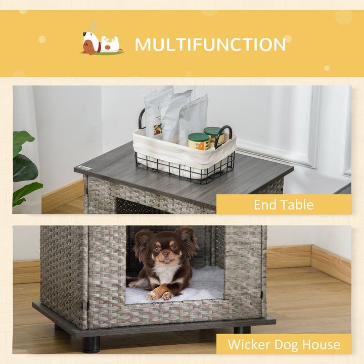 Wicker Dog House Rattan Pet Bed End Table Furniture with Soft Cushion for X-Small Dogs - Grey