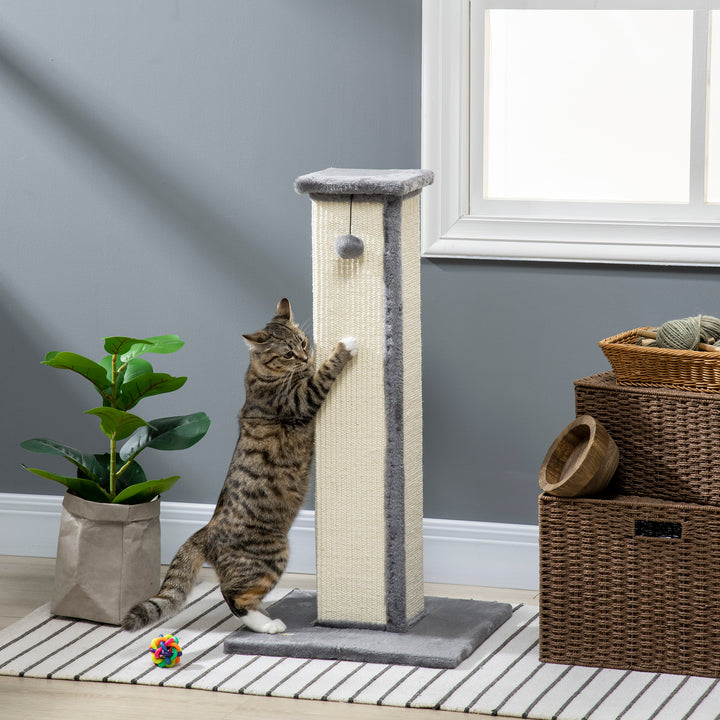 PawHut 81cm Cat Scratcher, Vertical Full Scratcher with Natural Sisal Rope, Hanging Ball and Soft Plush, Grey