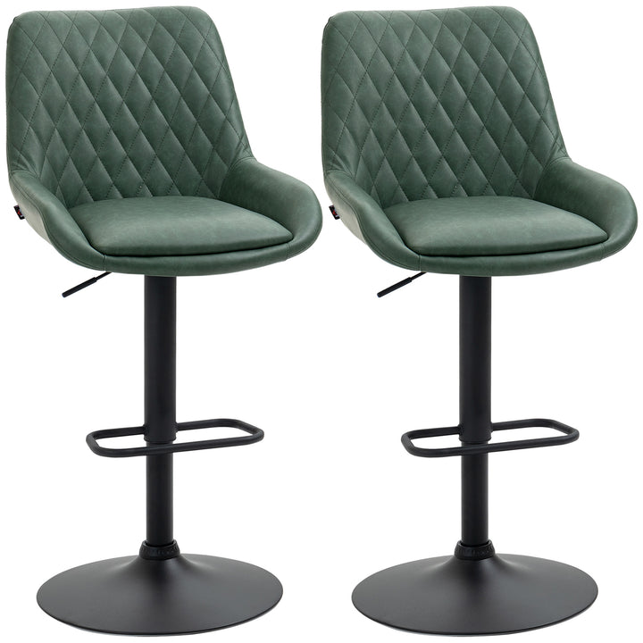 Set of 2 Retro Bar stools With Backs , Adjustable Kitchen Stool, Upholstered Bar Chairs with Back, Swivel Seat, Dark Green