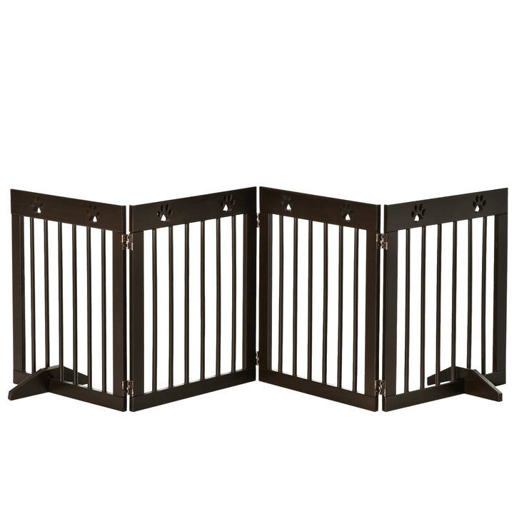 PawHut Freestanding Pet Gate 4 Panel Wooden Dog Barrier Folding Safety Fence with Support Feet up to 204cm Long 61cm Tall for Doorway Stairs Brown