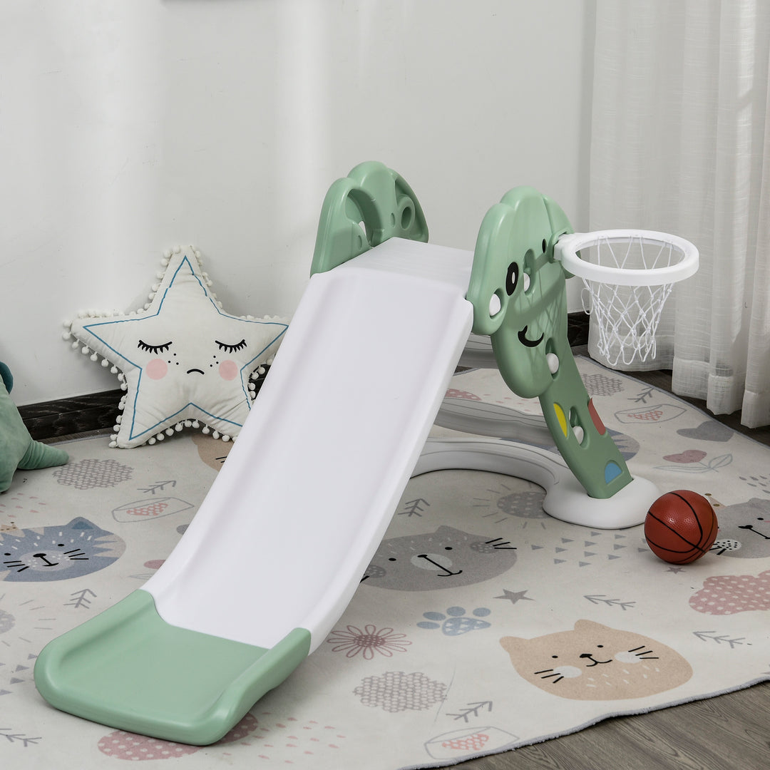 Kids Slide with Basketball Hoop Toddler Climber Freestanding Slider Playset Playground Slipping Slide for 2-6 Years Old Green