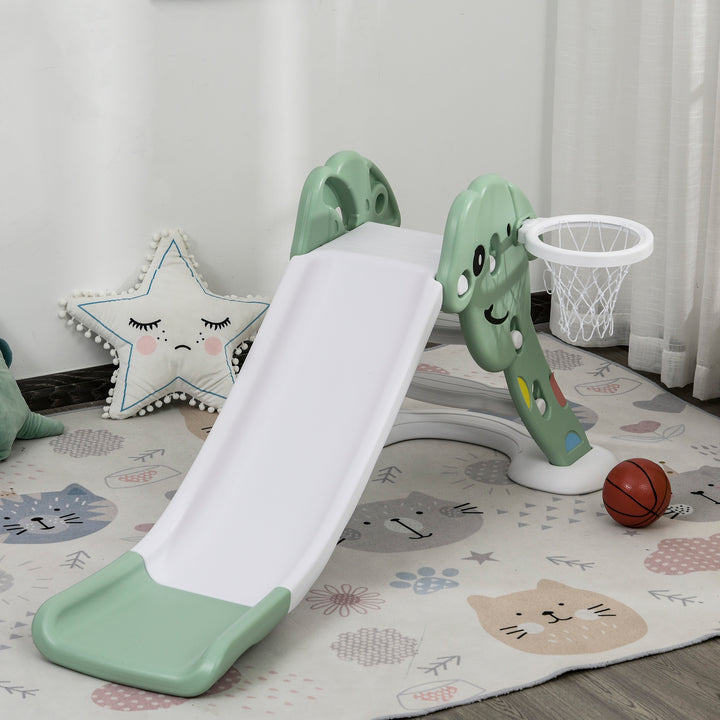 Kids Slide with Basketball Hoop Toddler Climber Freestanding Slider Playset Playground Slipping Slide for 2-6 Years Old Green