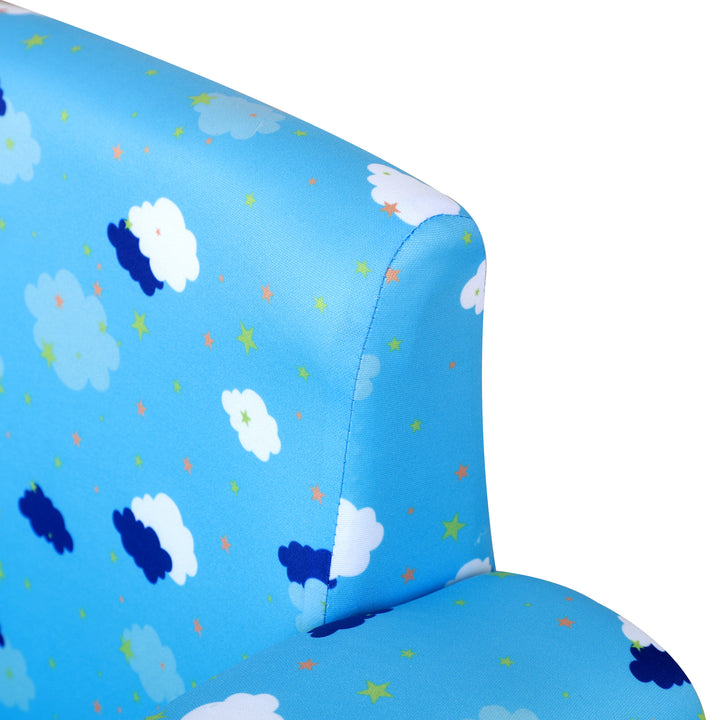 Kids Children Armchair Mini Sofa Wood Frame w/ Footrest Anti-Slip Legs High Back Arms Bedroom Playroom Furniture Cute Cloud Star Blue