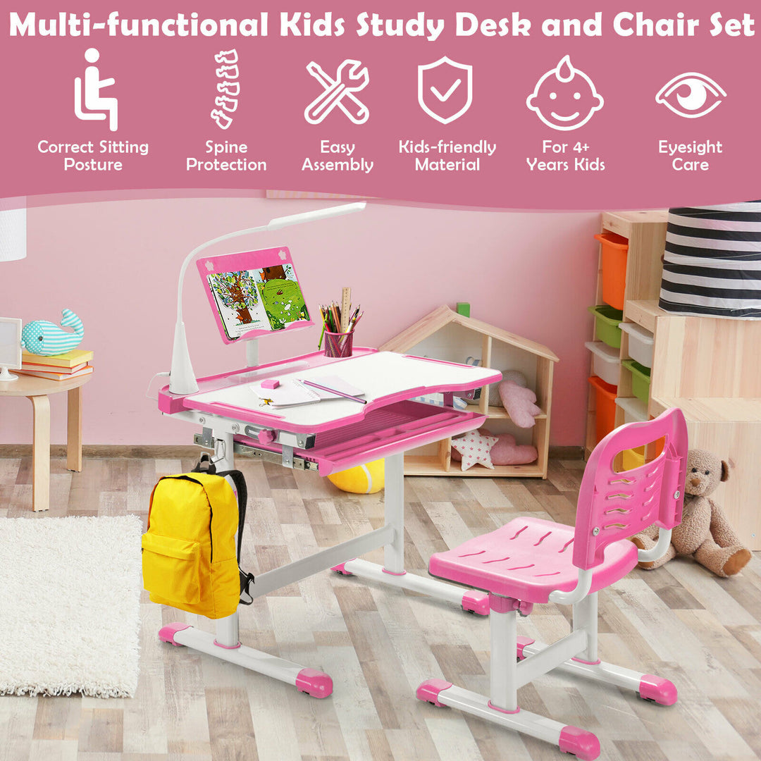 Height Adjustable Kid's Tilted Desk Set with Lamp & Drawer-Pink