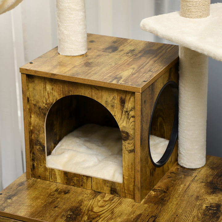 Cat Litter Box Enclosure, with Tree Tower, Cat House, Hammock, Cushion - Rustic Brown