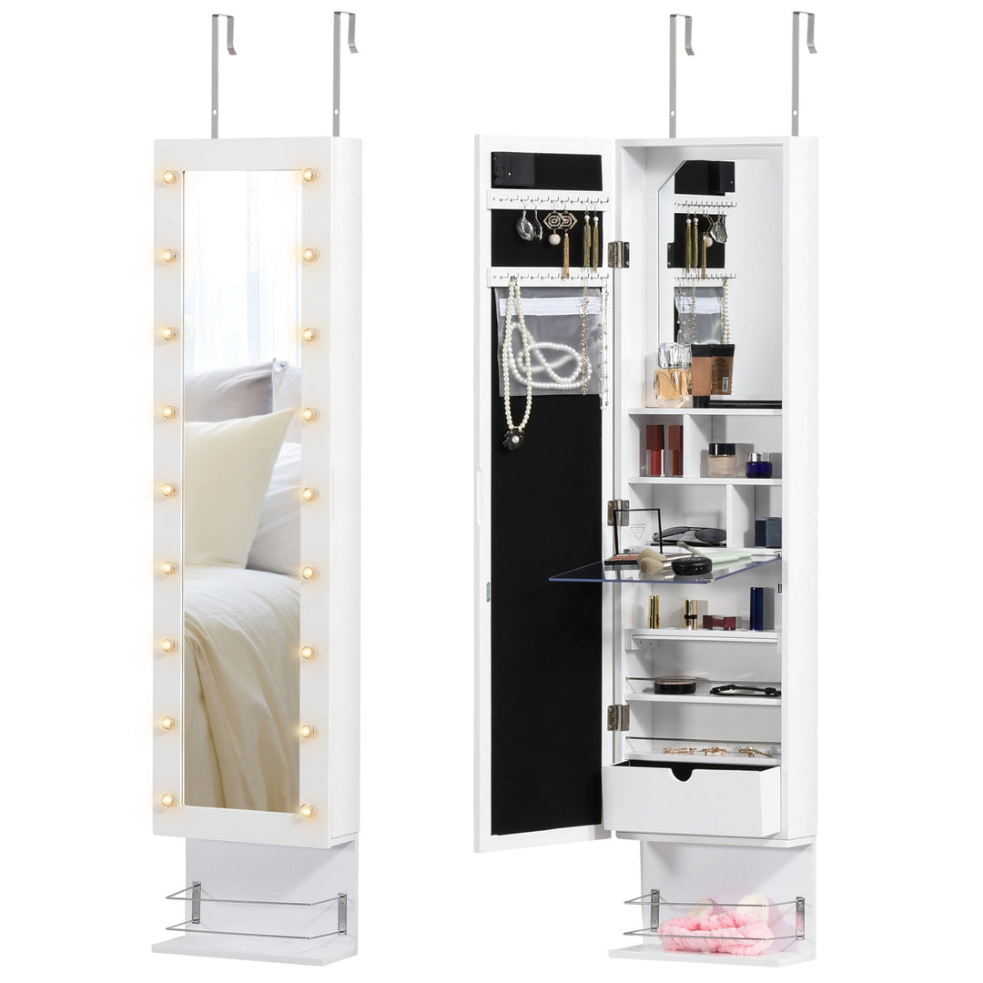 Jewellery Storage Mirror Cabinet Wall Mounted or Door Hanging w/ Hooks Shelves Drawer 18 Lights Brush Holder Vanity Makeup White