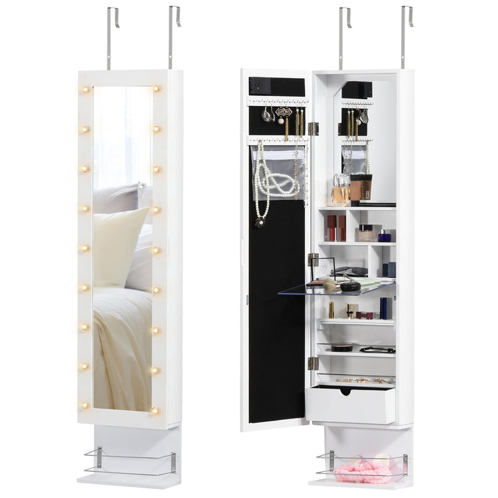 Jewellery Storage Mirror Cabinet Wall Mounted or Door Hanging w/ Hooks Shelves Drawer 18 Lights Brush Holder Vanity Makeup White
