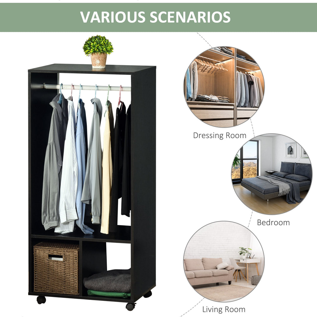 HOMCOM Open Wardrobe with Hanging Rod and Storage Shelves Mobile Garment Rack on Wheels Bedroom, Cloakroom, Black