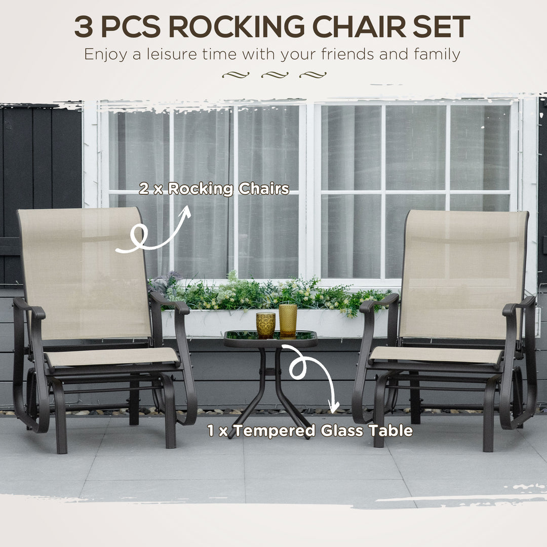 Outsunny Set of 3 Gliding Chair & Tea Table Set, Outdoor Rocker Set with 2 Armchairs, Tempered Glass Tabletop, Khaki