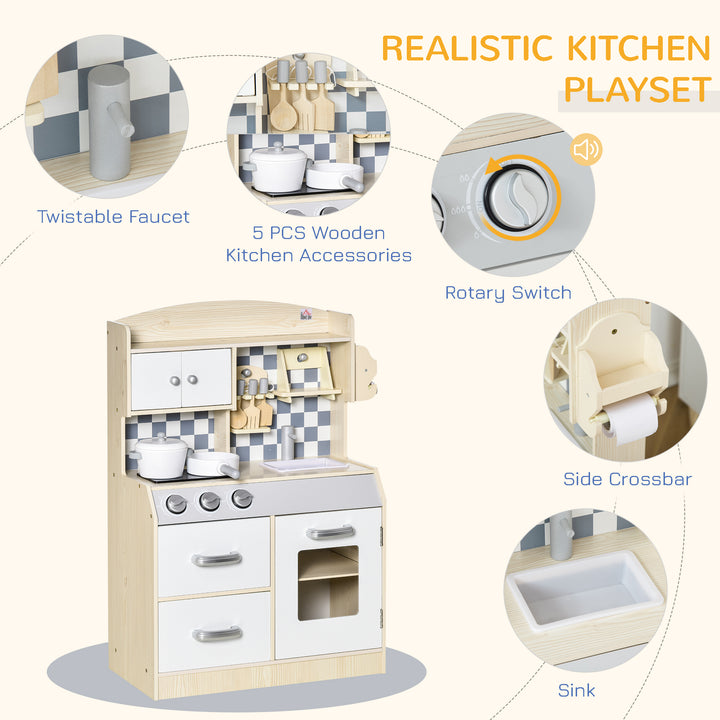 HOMCOM Kids Kitchen Play Cooking Toy Set, Educational Pretend Role Playset Game Multiple Storage, with Sink, Cooking Bench, Pots, Nature Wood