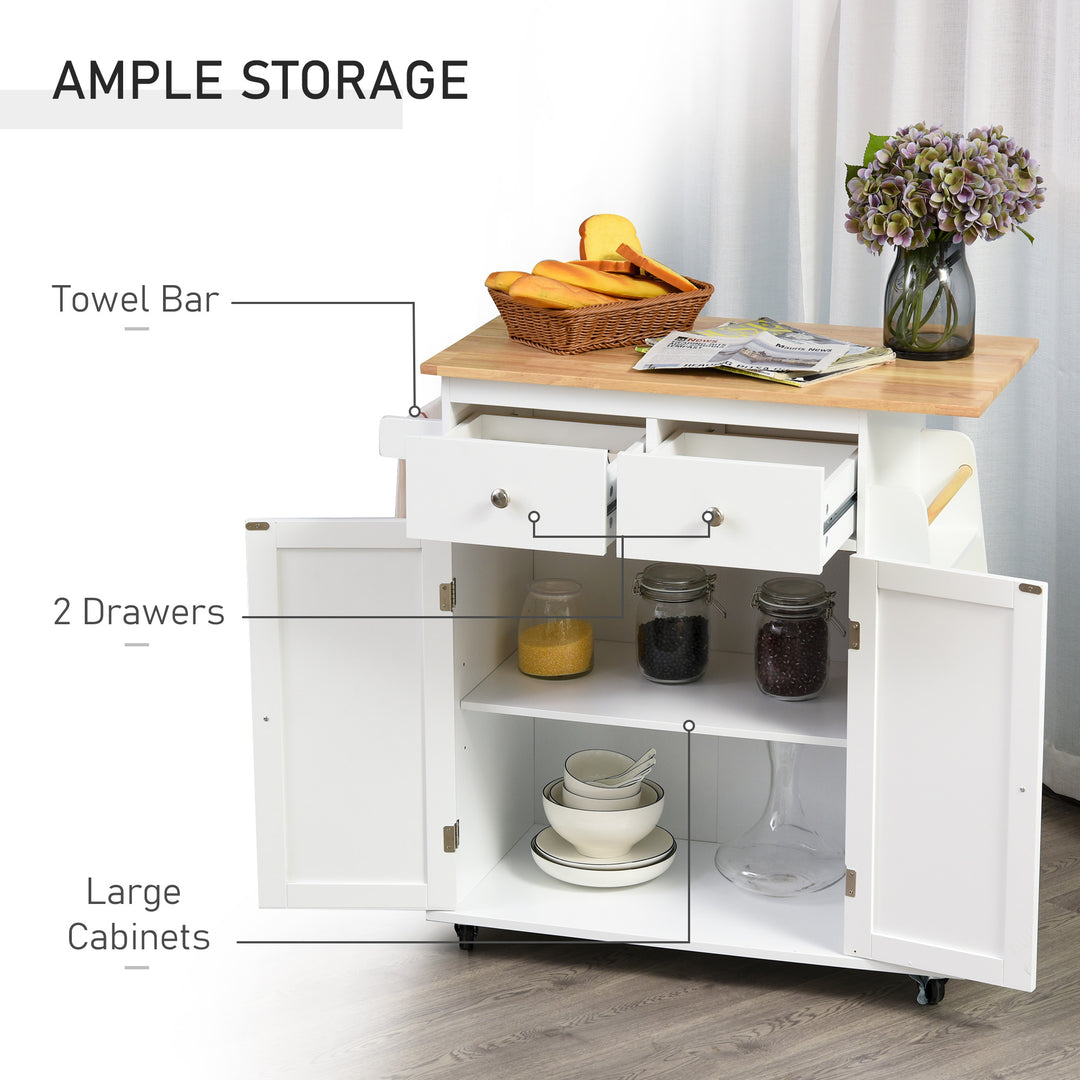 Kitchen Island Storage Cabinet Rolling Trolley with Rubber Wood Top, 3-Tier Spice Rack, Large Cabinet & Drawers