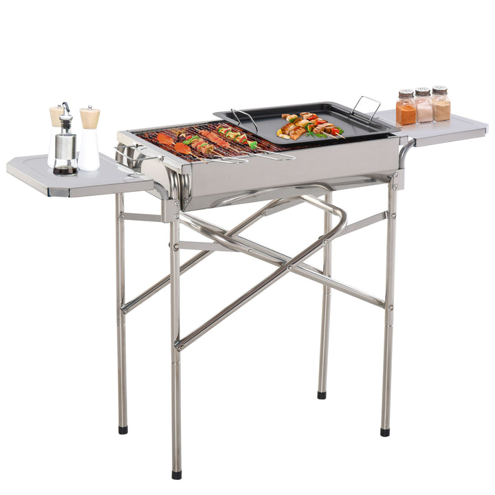 Folding Barbecue Grill Garden Rectangular Stainless Steel BBQ w/ Adjustable legs, BBQ grates, frying plate and Non-stick pan, Silver
