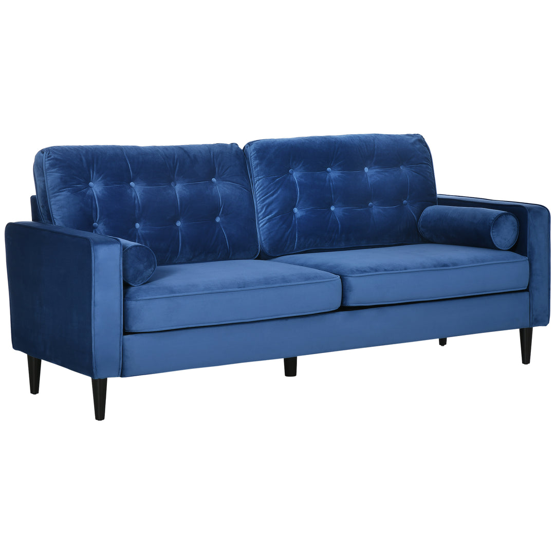 Mid-Century 3-Seater Sofa, 204 cm Sofa Couch with Button-Tufted Back Cushion, Velvet Feel Fabric Upholstery for Living Room, Bedroom Blue