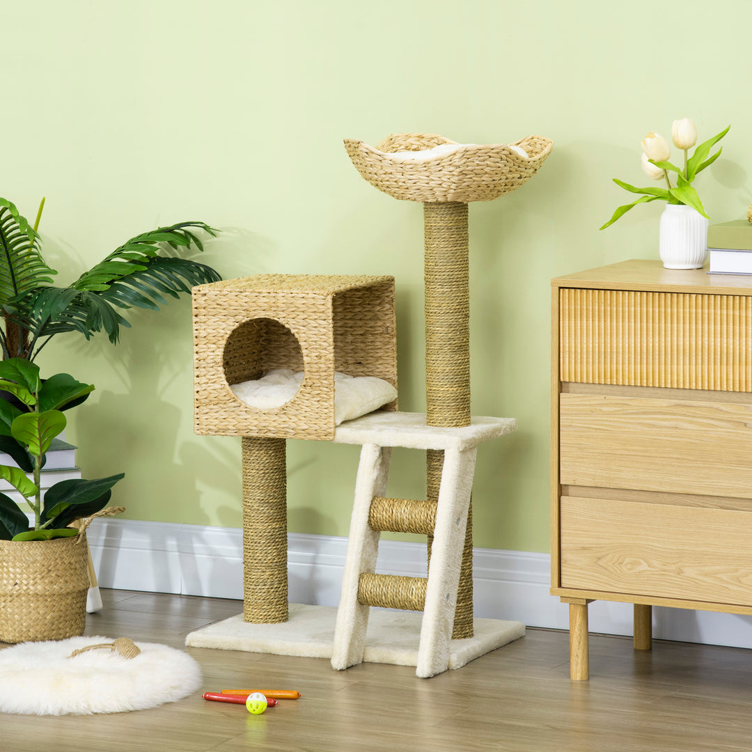 Cat Tree for Indoor Cats Kitten Tower Cattail Weave with Scratching Posts, Cat House, Bed， Washable Cushions Natural, 57 x 37 x 100.5 cm