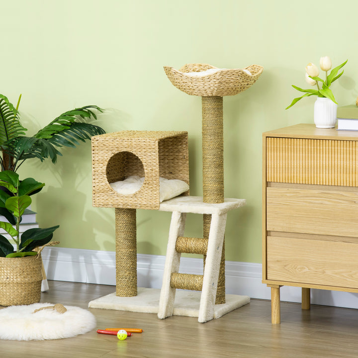 Cat Tree for Indoor Cats Kitten Tower Cattail Weave with Scratching Posts, Cat House, Bed， Washable Cushions Natural, 57 x 37 x 100.5 cm