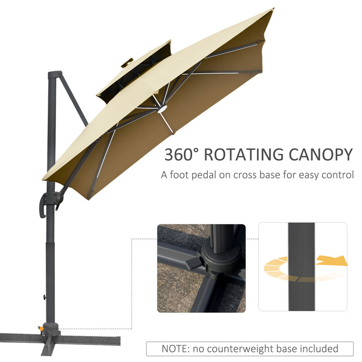 Outsunny 3m Cantilever Roma Parasol Adjustable Garden Sun Umbrella with Solar LED,  Tilt and Crank Handle, Cross Base for Lawn, Khaki