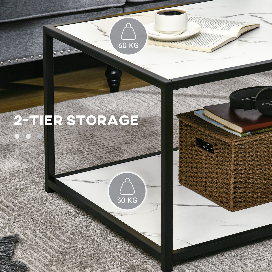 HOMCOM Modern Coffee Table with Faux Marble Top, Cocktail Table with 2-Tier Storage and Steel Frame for Living Room, White