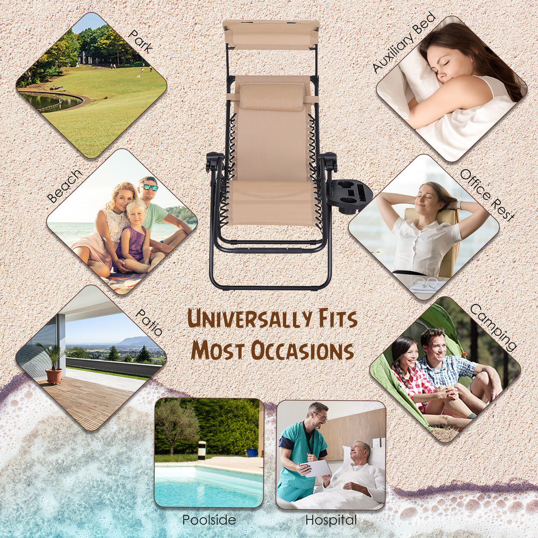 Outsunny Zero Gravity Garden Deck Folding Chair Patio Sun Lounger Reclining Seat with Cup Holder & Canopy Shade - Beige