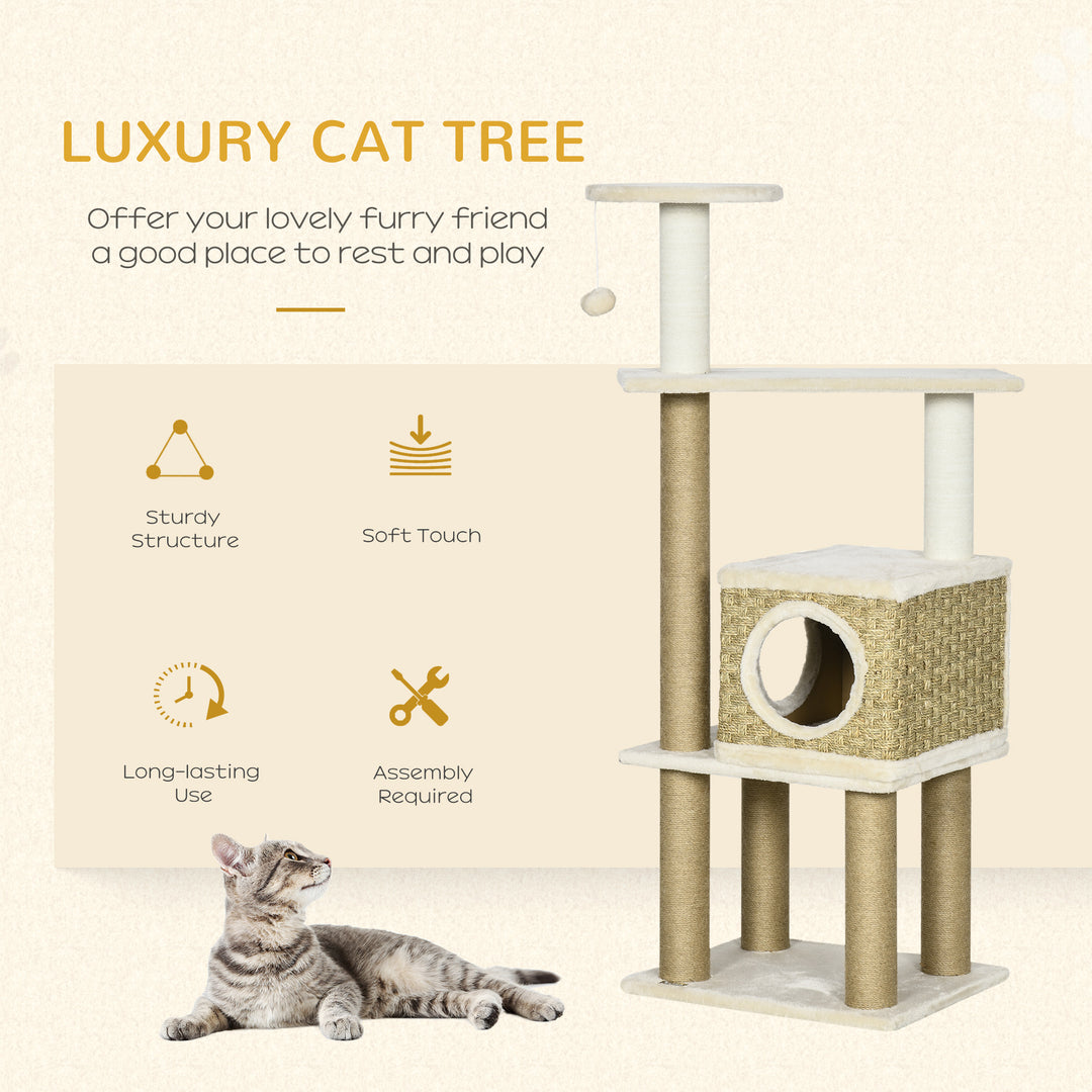 PawHut Cat Tree, Climbing Kitten Cat Tower Activity Center for Indoor Cats with Jute Scratching Post, Condo, Kitten Stand, Hanging Ball Toy, Beige