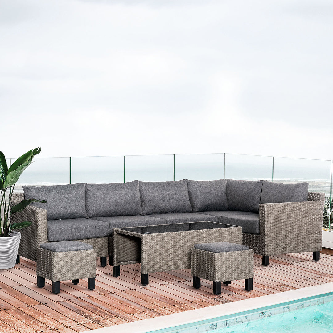 Outsunny 7-Seater PE Rattan Sofa Set Wicker Garden Furniture Patio Conservatory Corner Sofa, w/ Tempered Glass Coffee Table &amp; Cushions, Grey