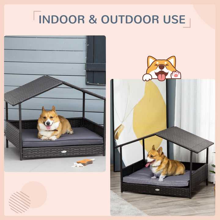 Wicker Dog House, Rattan Pet Bed with Soft Cushion, Canopy, Cat House with Anti-slip Pads, Grey, 98 x 69 x 73 cm