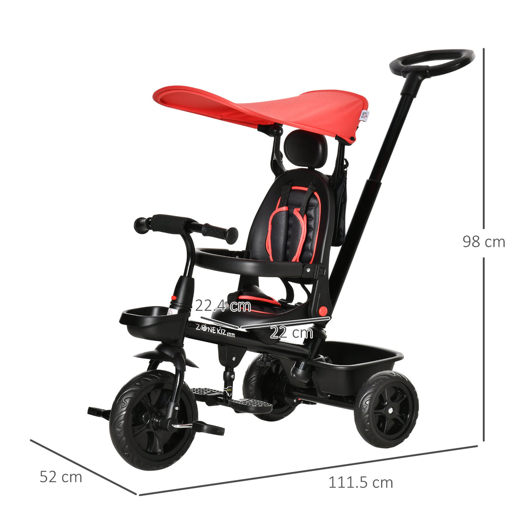 4 in 1 Baby Tricycle Toddler Stroller Foldable Pedal Tricycle w/ Reversible Angle Adjustable Seat Removable Handle Canopy Handrail Belt-Red