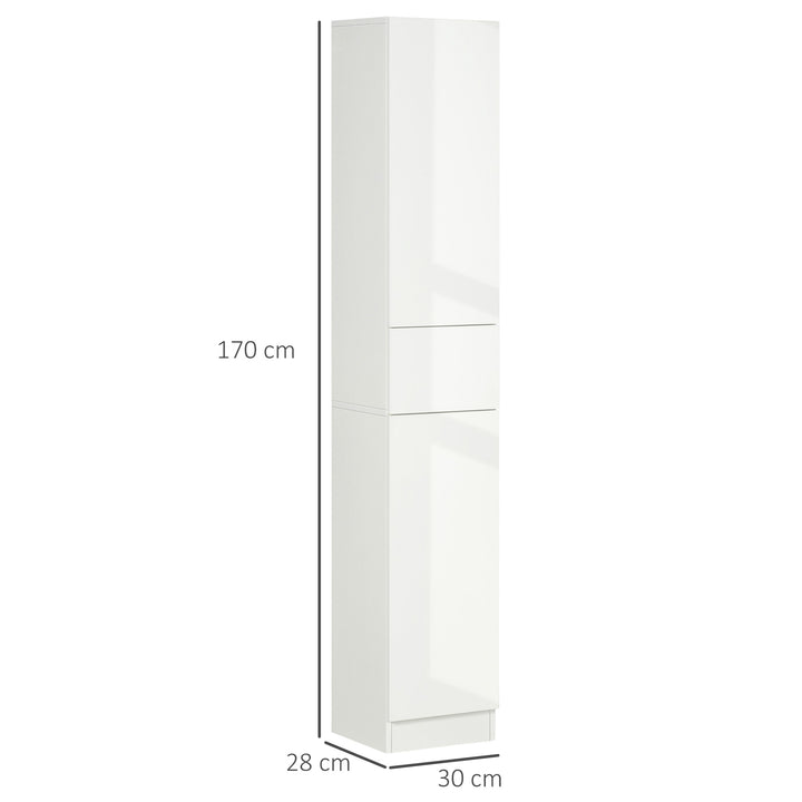 Tall Bathroom Cabinet with Adjustable Shelves, High Gloss Storage Cupboard, Freestanding Tallboy with Storage Drawer, White