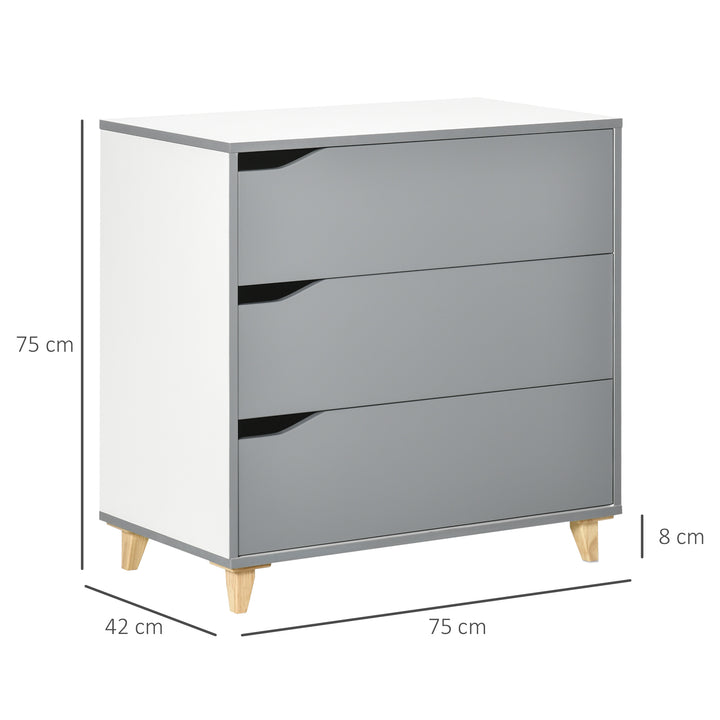 Drawer Chest, 3-Drawer Storage Cabinet Unit with Pine Wood Legs for Bedroom, Living Room, 75cmx42cmx75cm, Grey