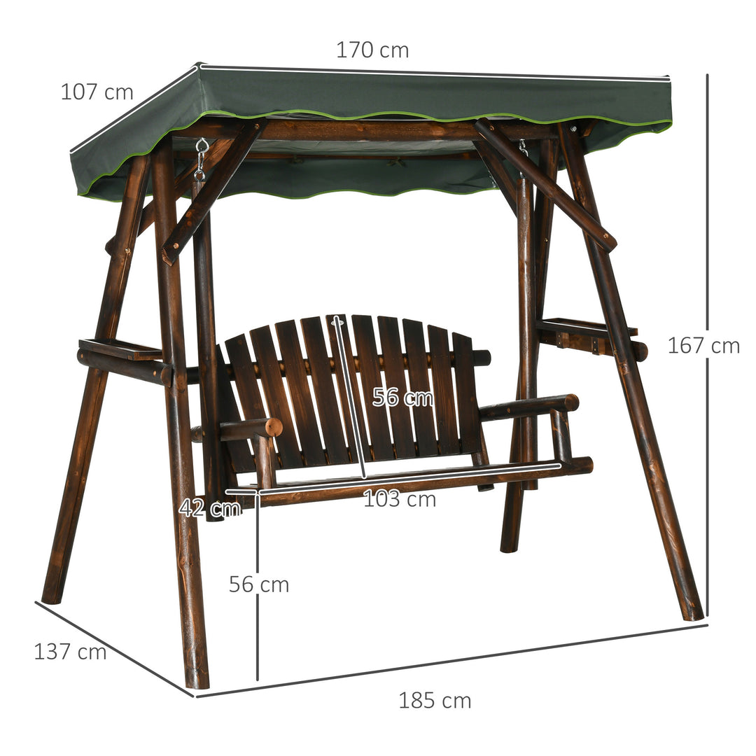 Outsunny 2-Person Garden Swing Chair, Outdoor Hanging Wooden Porch Bench w/ Adjustable Canopy and Side Trays for Patio, Poolside, Backyard