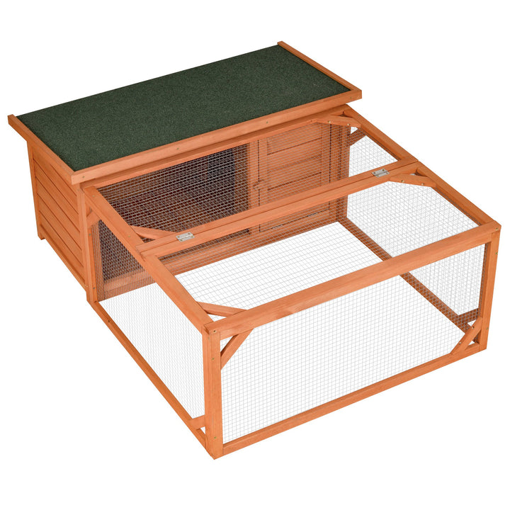 PawHut Rabbit Hutch Small Animal Guinea Pig House Off-ground Ferret Bunny Cage Backyard with Openable Main House & Run Roof 125.5 x 100 x 49cm Orange