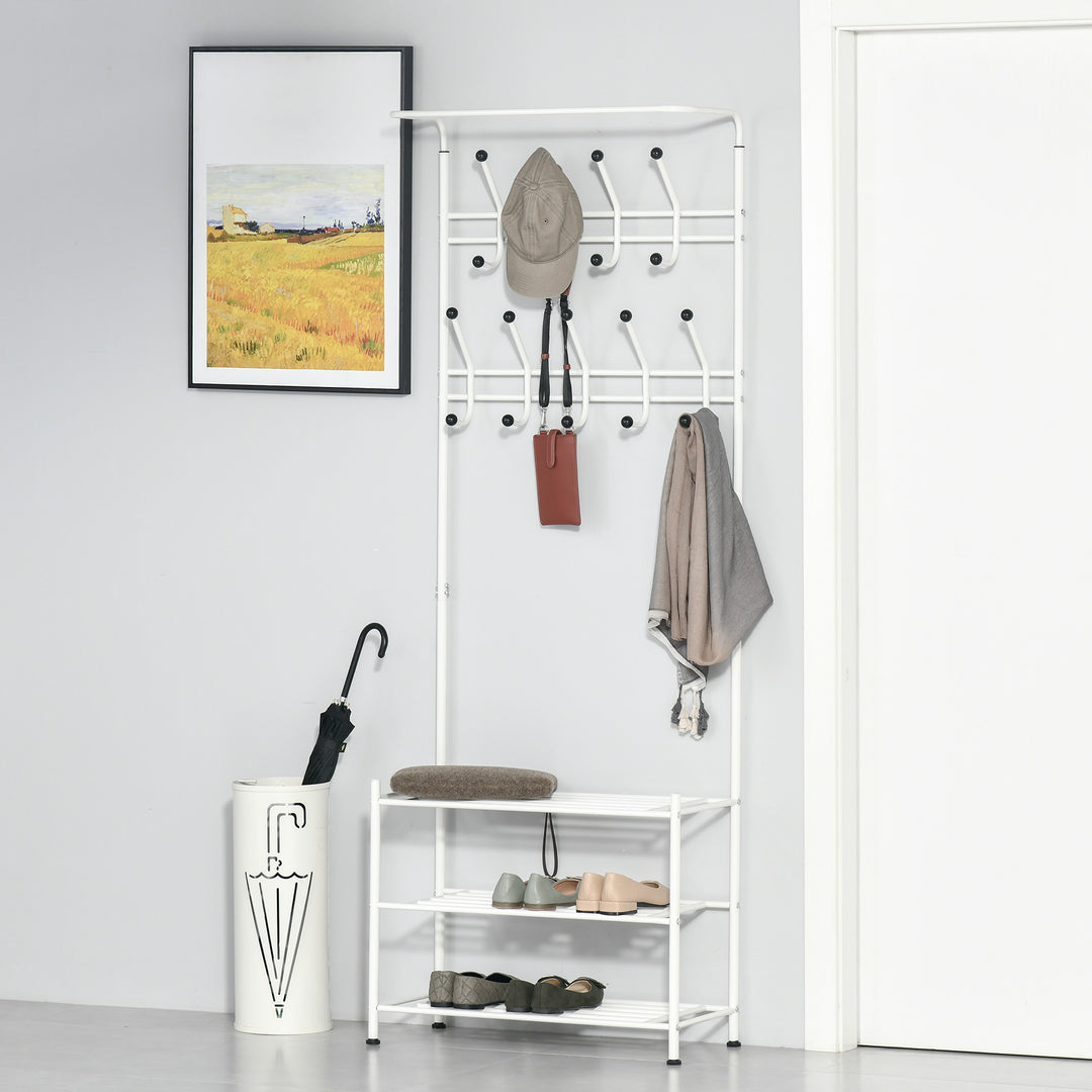 Coat Rack Stand Hall Tree Hallway Furniture with 18 Hooks 3-Tier Shoe Rack Metal Frame for Entryway Bedroom Living Room White