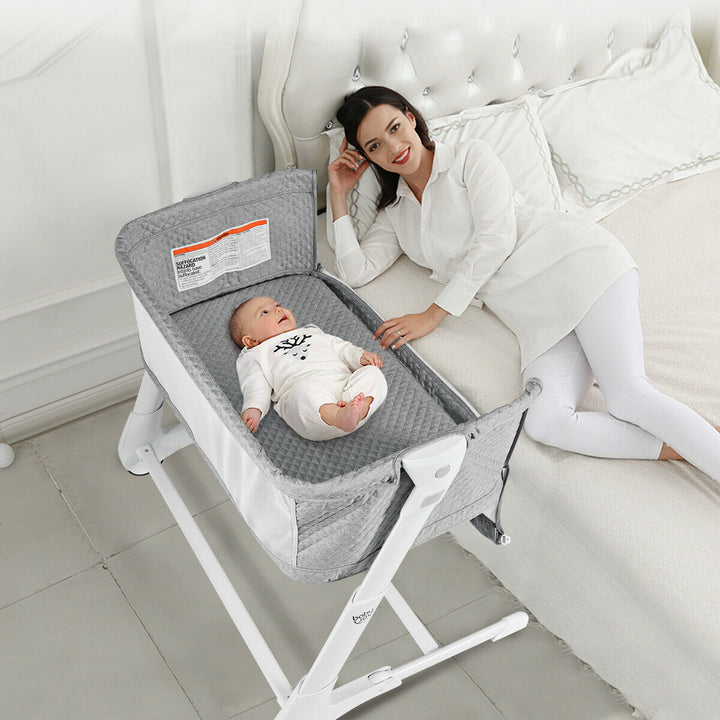 Baby Bedside with Washable Mattress and Breathable Mesh-Grey