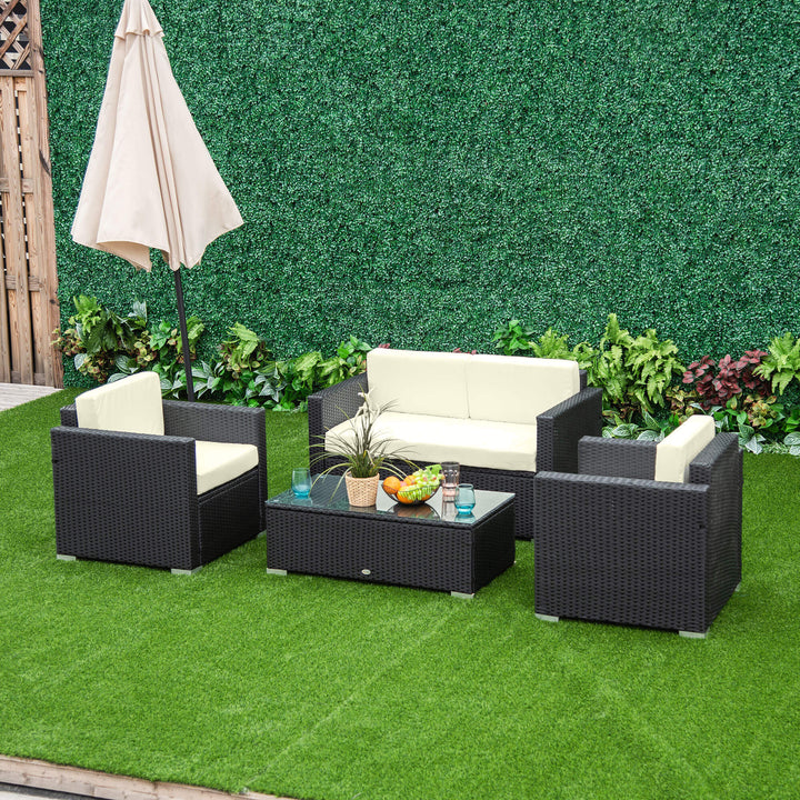 Outsunny 4-Seater Rattan Sofa Set Garden Rattan Furniture Wicker Steel Chair Seat Furniture Patio Rattan Garden Sofa Black