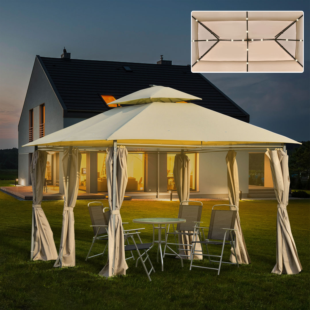 Outsunny 4 x 3(m) Outdoor Gazebo Canopy Party Tent Garden Pavilion Patio Shelter w/ LED Solar Light, Double Tier Roof, Curtains, Steel Frame, Khaki