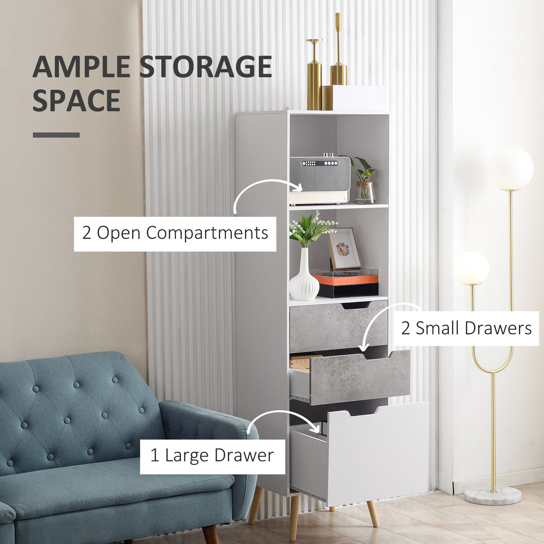 Narrow Sideboard Storage Cabinet, Free Standing Accent Cupboard with 3 Drawers, 2 Open Shelves for Bedroom, Living Room, Hallway, Light Grey