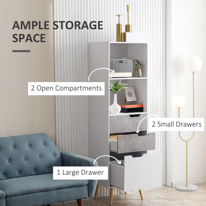 Narrow Sideboard Storage Cabinet, Free Standing Accent Cupboard with 3 Drawers, 2 Open Shelves for Bedroom, Living Room, Hallway, Light Grey