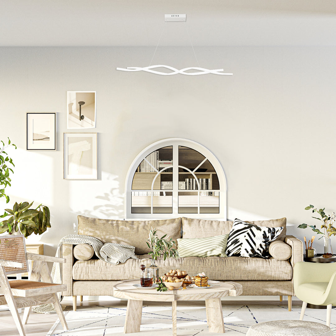 Modern Wave-Shape LED Pendant Light with Adjustable Hanging Chain, Metal Chandelier Cool White 6500K, Silver