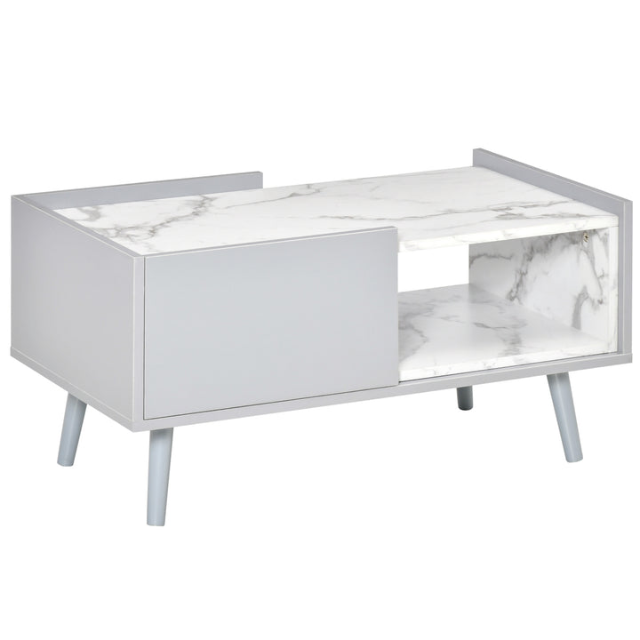 Two-Tone Coffee Table | Duo Storage Side Storage Furniture | Modern Marble Effect w/ Shelf Drawer Table Top Wood Legs Grey - White