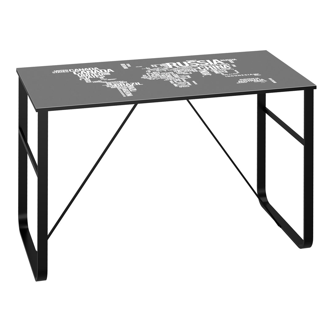 Glass Top Writing Desk with World Map Printing Working Station Home Office Table Gaming Desk Metal Frame Easy Assembly, Black