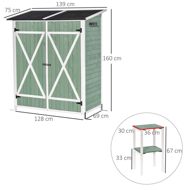 Outsunny Wooden Garden Storage Shed Multifunction Lockable Tool Cabinet Organizer w/ Table, Hooks and Ground Nails, 139 x 75 x 160 cm